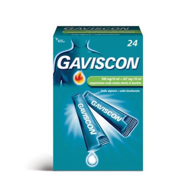 gaviscon 500 mg/10 ml + 267 mg/10 ml sospensione orale aroma menta 24 bustine monodose da 10 ml