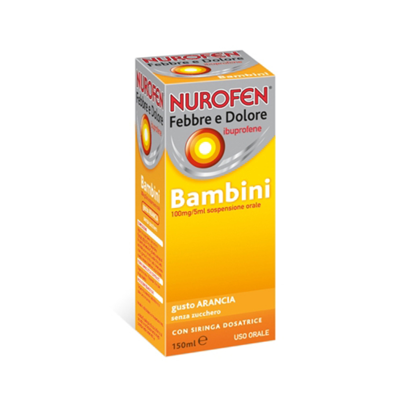 nurofen febbre e dolore bambini 100 mg/5 ml sospensione orale gusto arancia senza zucchero flacone da 150 ml con siringa dosatrice