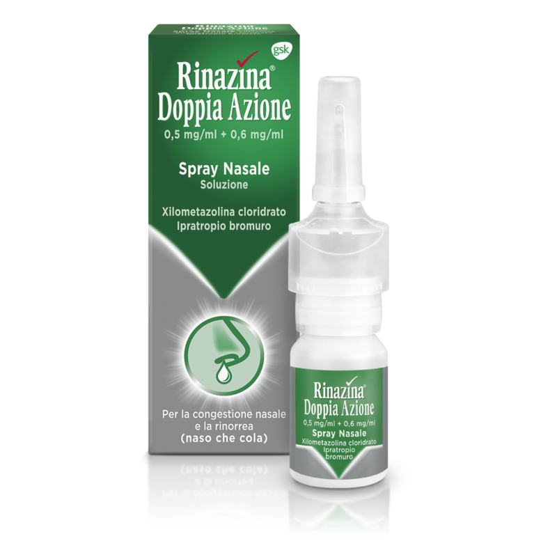 rinazina doppia azione 0,5 mg/ml + 0,6 mg/ml spray nasale, soluzione 10 ml flacone multidose in hdpe con nebulizzatore