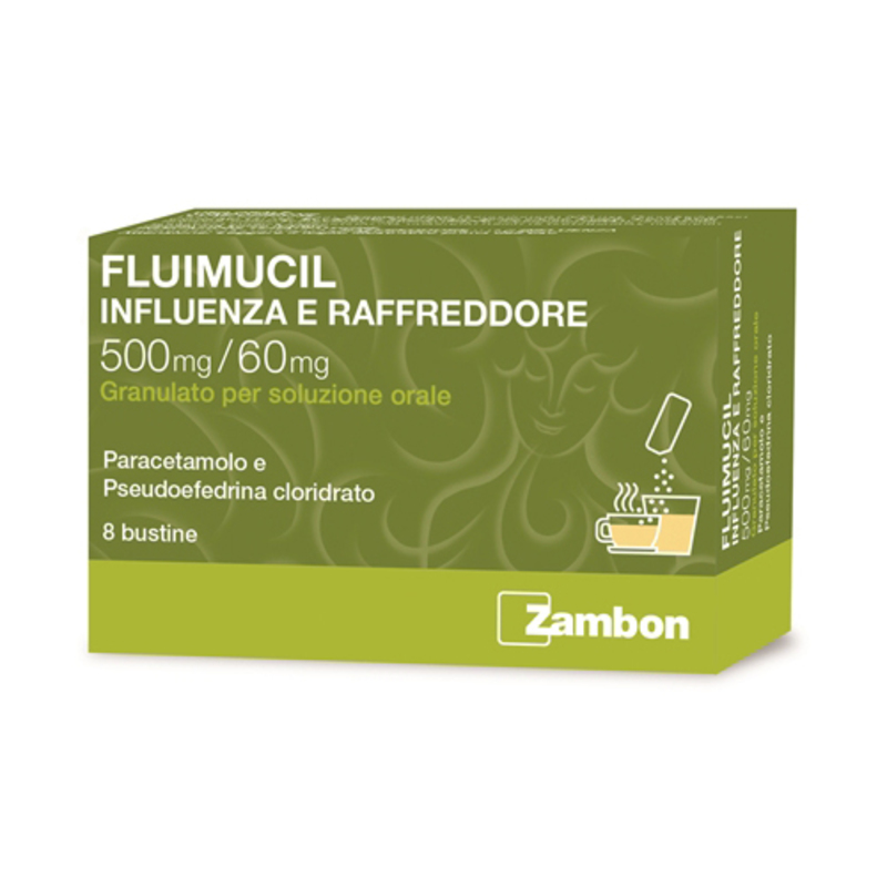 fluimucil influenza e raffreddore 500 mg + 60 mg granulato per soluzione orale 8 bustine