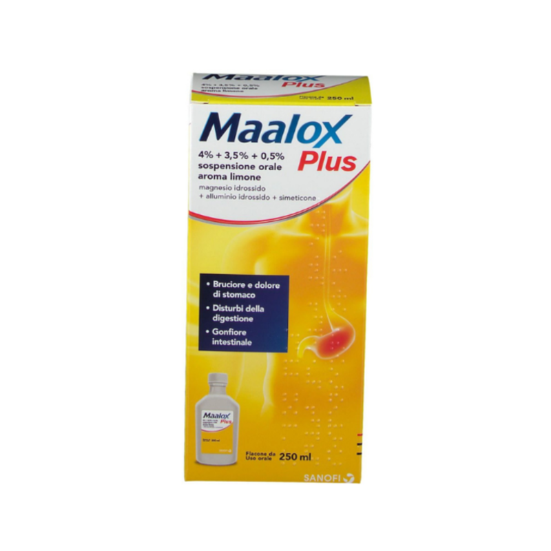 maalox plus plus 4% + 3,5% + 0,5% sospensione orale aroma limone flacone in pet da 250 ml